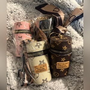 Luxury Leather Lipstick Bag Charm Key Chain with Silk Scarf